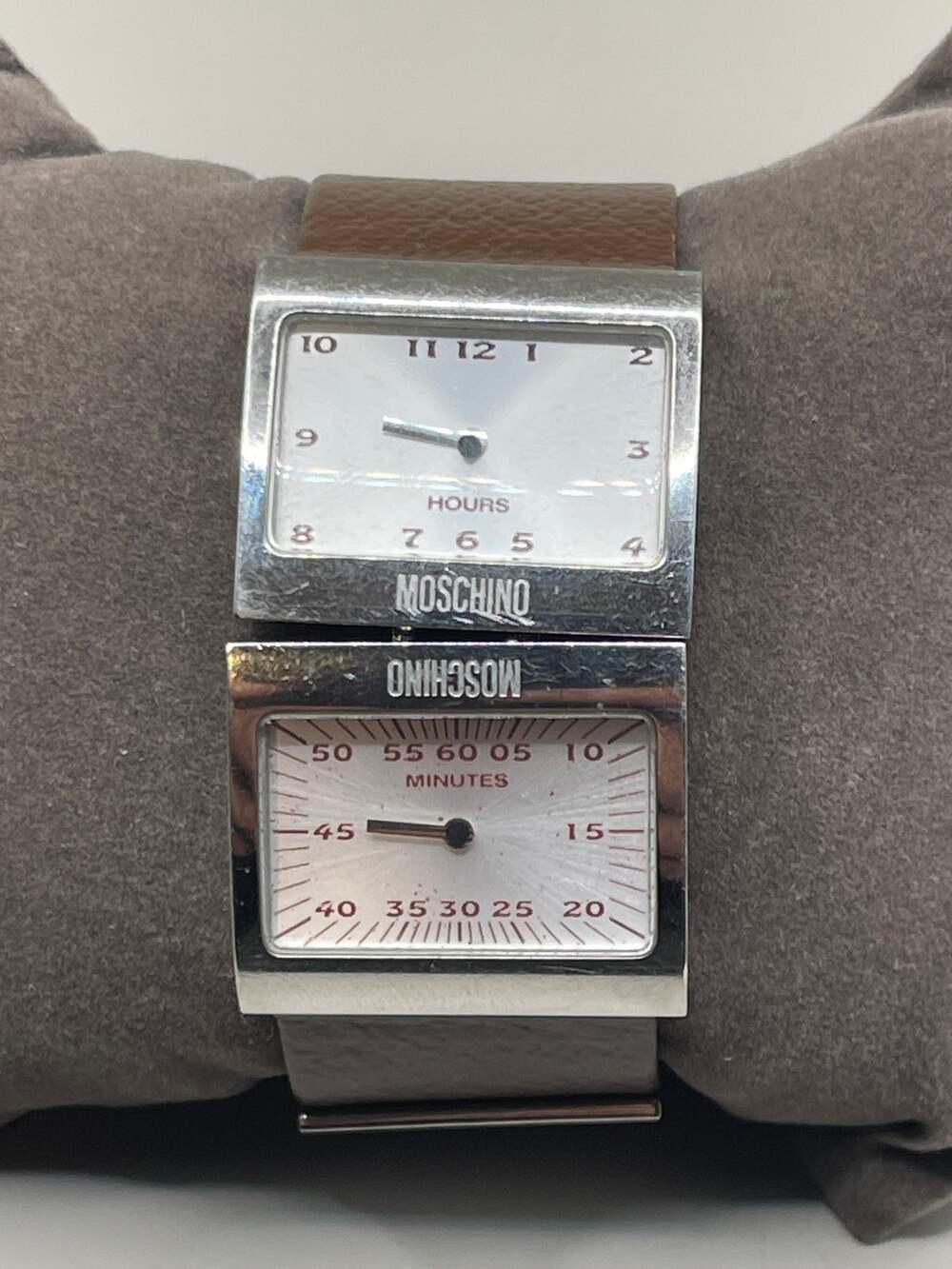 Moschino Hours & Minutes Dual Dial Designer Watch Stainless Steel Brown Strap